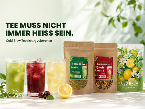 Drei Cold Brew Tees von NATURELEI mit eisgekühlten Getränken – Cold Brew Tee richtig zubereiten