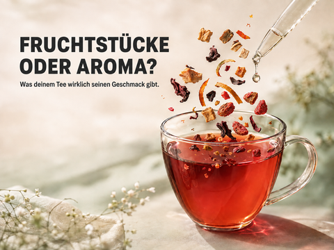Getrocknete Fruchtstücke und loser Tee fallen neben einem klaren Aromatropfen in eine rote Tasse Tee