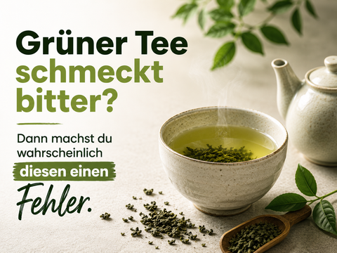Grüner Tee mit Teeblättern und Thermometer zur richtigen Zubereitung ohne bitteren Geschmack