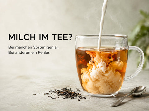 Milch bildet eine cremige Wolke in einer Glastasse mit kräftigem Schwarztee
