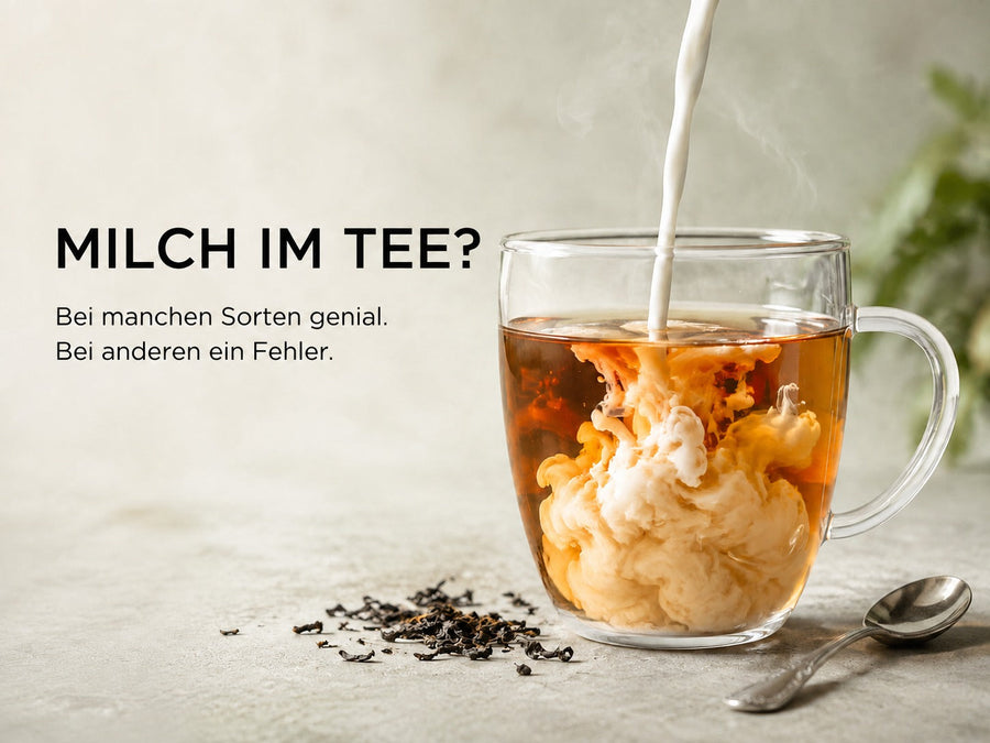 Milch bildet eine cremige Wolke in einer Glastasse mit kräftigem Schwarztee