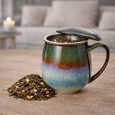 Kräuterteetasse "Mira", Steinzeug, Reactive Glaze, dunkelgrün, Edelstahlsieb - 350ml