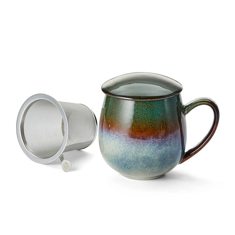 Kräuterteetasse "Mira", Steinzeug, Reactive Glaze, dunkelgrün, Edelstahlsieb - 350ml