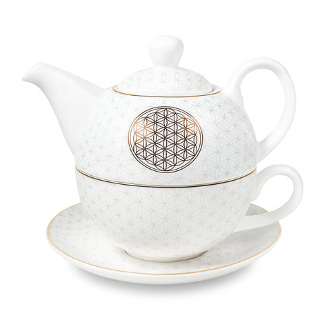 Tea for One Set "Blume des Lebens", Steinzeug mit Goldauflage
