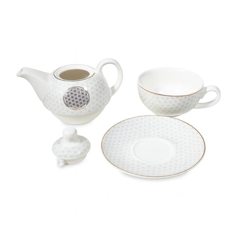 Tea for One Set "Blume des Lebens", Steinzeug mit Goldauflage
