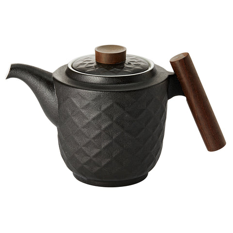 Teekanne "Minja" schwarz, Porzellan, mit Holzgriff und Deckelknopf - 1200ml